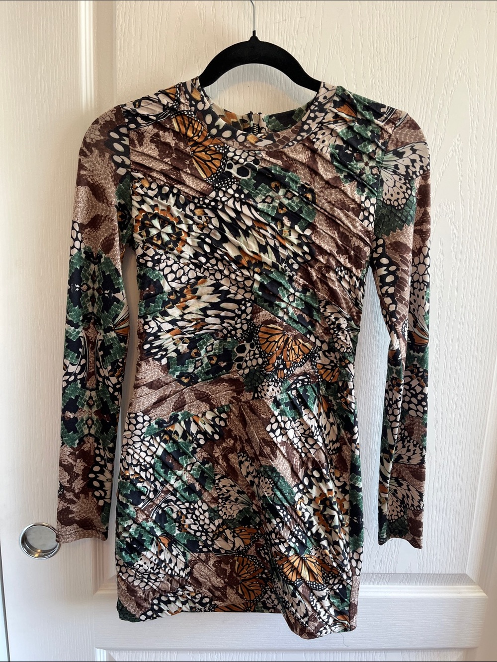 🦄Rare🦄 Torn by Ronny Kobo Butterfly Combo Ruched Mini Dress - Made in USA XS